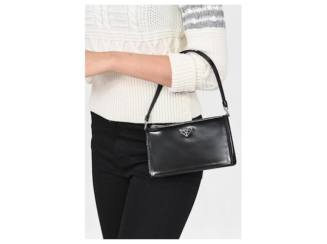 PRADA Mini Borsa a Spalla in Pelle Verniciata Nera Blu - vista 3