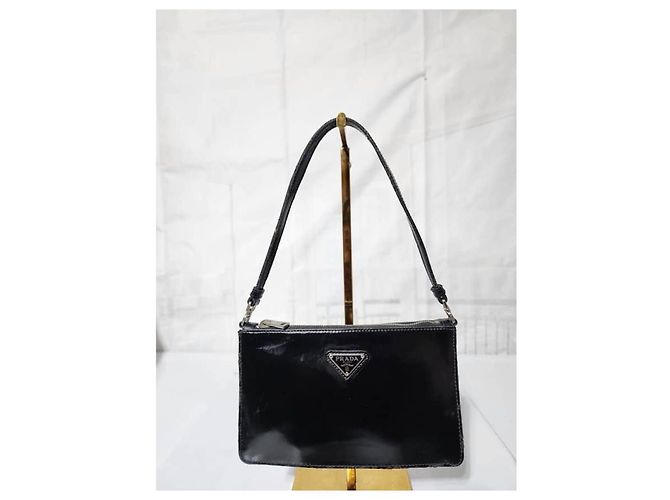 PRADA Mini Borsa a Spalla in Pelle Verniciata Nera Blu - vista 6