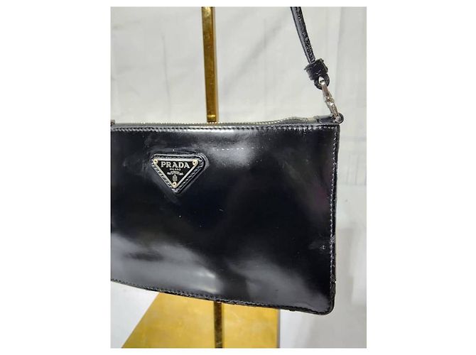 PRADA Mini Borsa a Spalla in Pelle Verniciata Nera Blu - vista 7