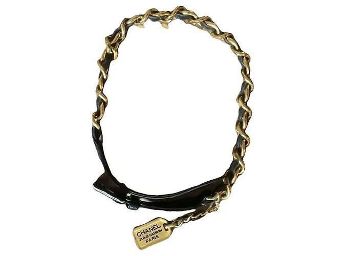 Cambon Vintage Lederkette Gürtel mit Chanel-Logo-Anhänger Schwarz - Ansicht 2