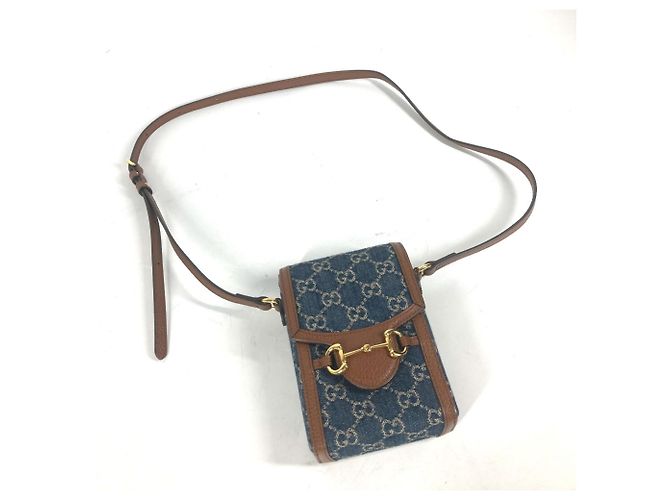 Pochette a spalla in denim e pelle Horsebit di Gucci Marrone Blu - vista 10