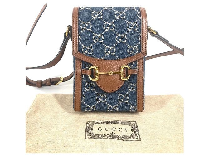 Pochette a spalla in denim e pelle Horsebit di Gucci Marrone Blu - vista 2