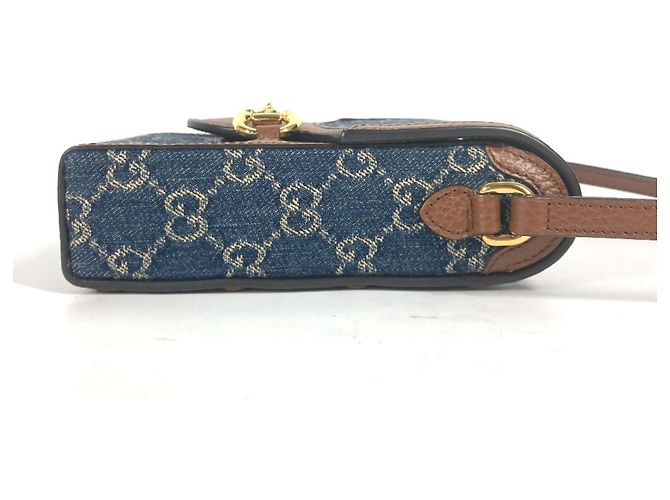 Pochette a spalla in denim e pelle Horsebit di Gucci Marrone Blu - vista 3
