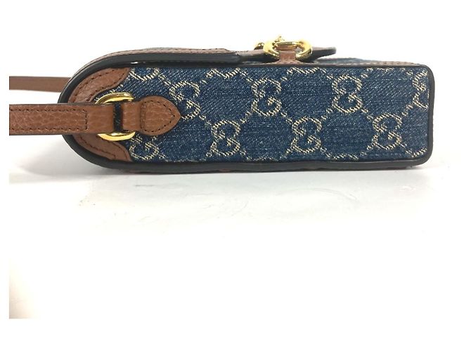 Pochette a spalla in denim e pelle Horsebit di Gucci Marrone Blu - vista 4