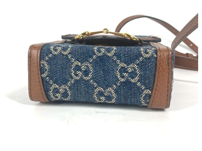 Pochette a spalla in denim e pelle Horsebit di Gucci Marrone Blu - vista 5