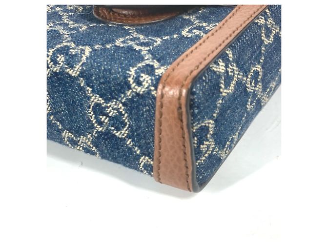 Pochette a spalla in denim e pelle Horsebit di Gucci Marrone Blu - vista 6