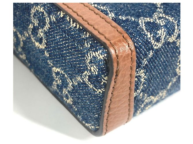 Pochette a spalla in denim e pelle Horsebit di Gucci Marrone Blu - vista 7