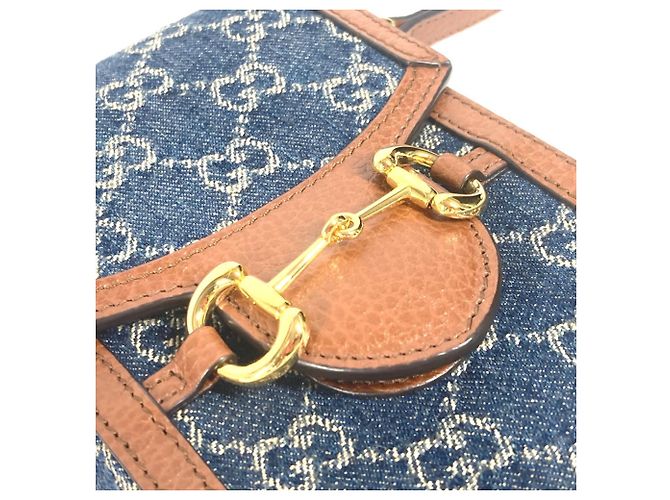 Pochette a spalla in denim e pelle Horsebit di Gucci Marrone Blu - vista 8