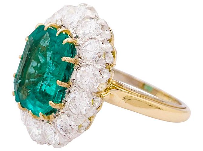 inconnue Anello Pompadour smeraldo, diamanti, platino e oro giallo. - vista 2