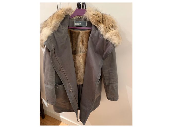 Parka Yves Salomon Taupe de Algodón y Piel Gris pardo - vista 4