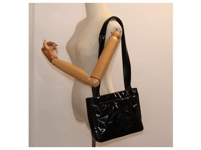 CHANEL COCO Borsa a spalla in pelle verniciata Nera Argento CC Auth yk14331 Nero - vista 27
