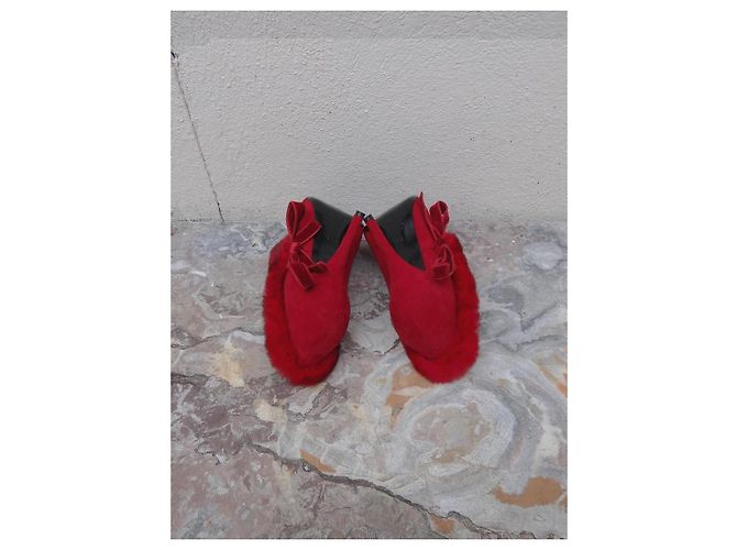Sergio Rossi Red Leather and Fur Ankle Boots - view 10