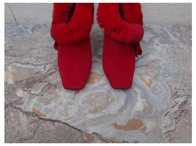 Sergio Rossi Red Leather and Fur Ankle Boots - view 2