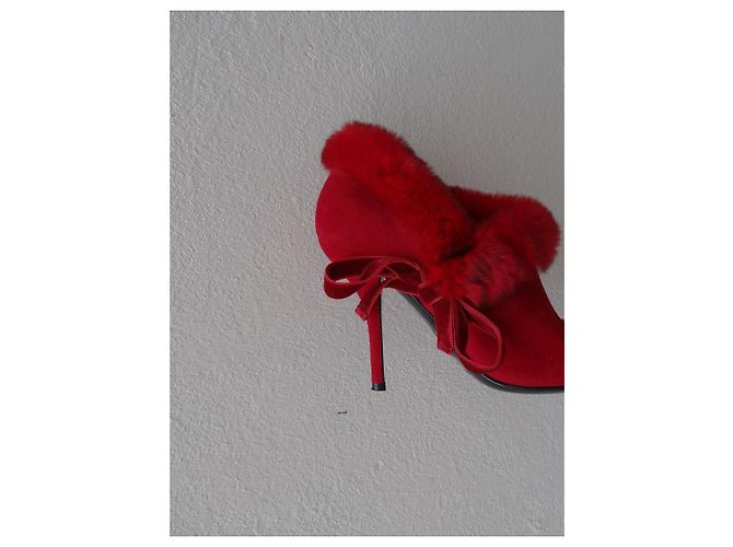 Sergio Rossi Red Leather and Fur Ankle Boots - view 6