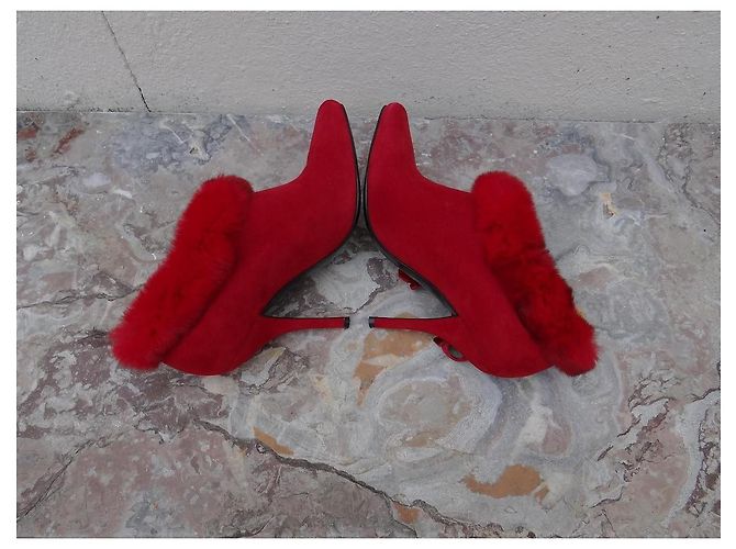 Sergio Rossi Red Leather and Fur Ankle Boots - view 7