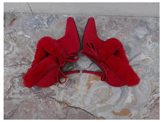 Sergio Rossi Red Leather and Fur Ankle Boots - view 8