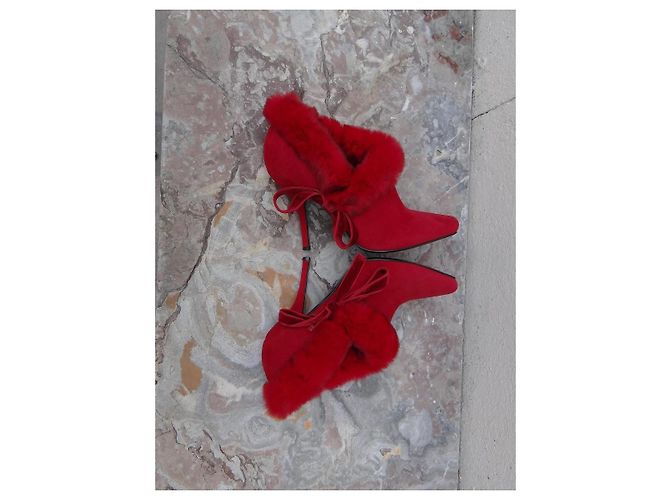 Sergio Rossi Red Leather and Fur Ankle Boots - view 9