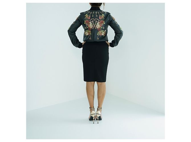Dolce & Gabbana Leder Bomberjacke Blumen und Schlüssel Print Schwarz Mehrfarben - Ansicht 10