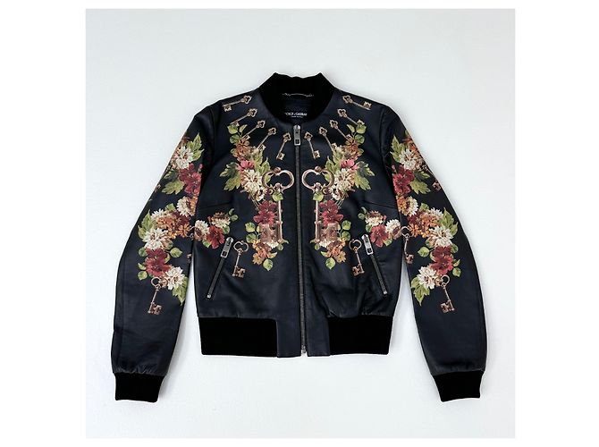 Dolce & Gabbana Leder Bomberjacke Blumen und Schlüssel Print Schwarz Mehrfarben - Ansicht 2
