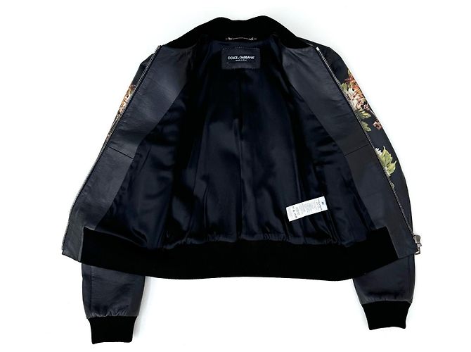 Dolce & Gabbana Leder Bomberjacke Blumen und Schlüssel Print Schwarz Mehrfarben - Ansicht 3
