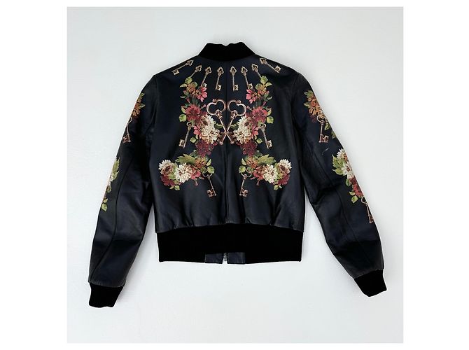 Dolce & Gabbana Leder Bomberjacke Blumen und Schlüssel Print Schwarz Mehrfarben - Ansicht 4