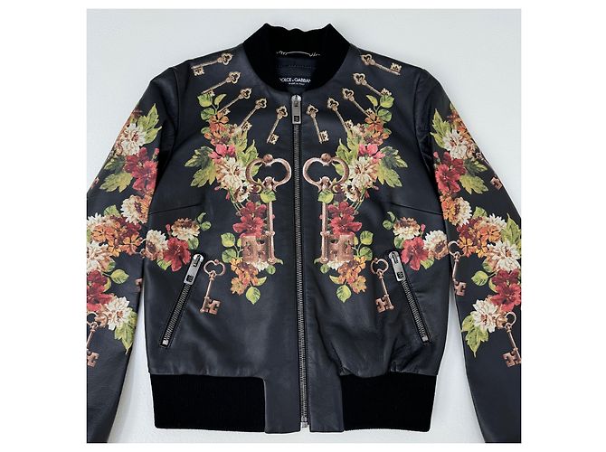 Dolce & Gabbana Leder Bomberjacke Blumen und Schlüssel Print Schwarz Mehrfarben - Ansicht 5