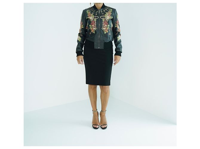 Dolce & Gabbana Leder Bomberjacke Blumen und Schlüssel Print Schwarz Mehrfarben - Ansicht 7