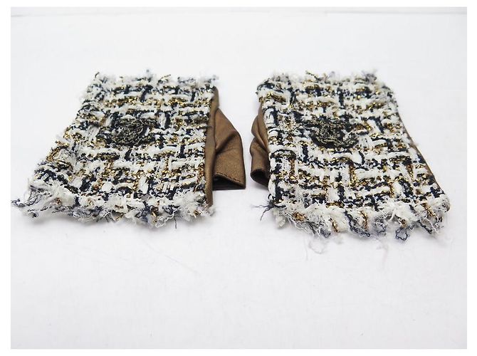 GUANTI CHANEL MITENI LOGO CC 8 TWEED BICOLOR E PELLE CAMMELLO - vista 3