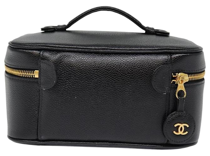 CHANEL COCO Mark Vanity Pouch Caviar Skin Black Gold CC Auth bs17155 Golden - view 2