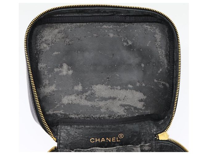 CHANEL COCO Mark Vanity Pouch Caviar Skin Black Gold CC Auth bs17155 Golden - view 8