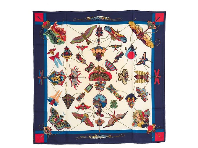 Hermès 1991 Lenço Quadrado 90 Seda Voando Marinho Ecru Lenço de Seda Hermes Azul marinho - vista 2