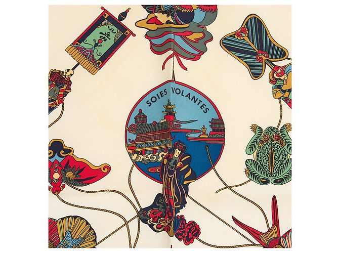 Hermès 1991 Lenço Quadrado 90 Seda Voando Marinho Ecru Lenço de Seda Hermes Azul marinho - vista 3