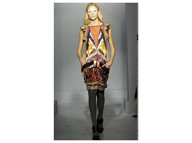 Balenciaga Vestido de seda itak FW2007 de Nicolas Ghesquière Negro Blanco Multicolor Naranja Púrpura Amarillo - vista 16