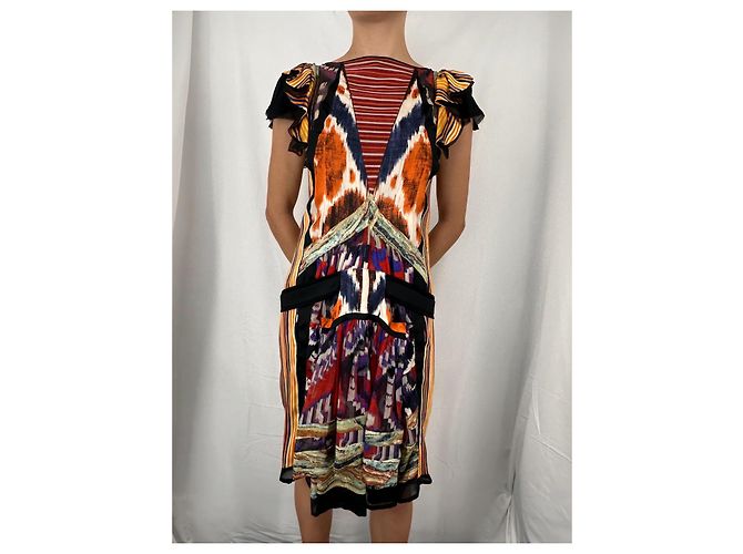 Balenciaga Vestido de seda itak FW2007 de Nicolas Ghesquière Negro Blanco Multicolor Naranja Púrpura Amarillo - vista 2