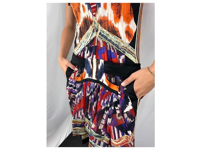 Balenciaga Vestido de seda itak FW2007 de Nicolas Ghesquière Negro Blanco Multicolor Naranja Púrpura Amarillo - vista 4