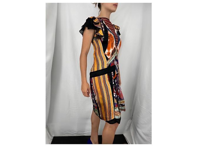 Balenciaga Vestido de seda itak FW2007 de Nicolas Ghesquière Negro Blanco Multicolor Naranja Púrpura Amarillo - vista 5