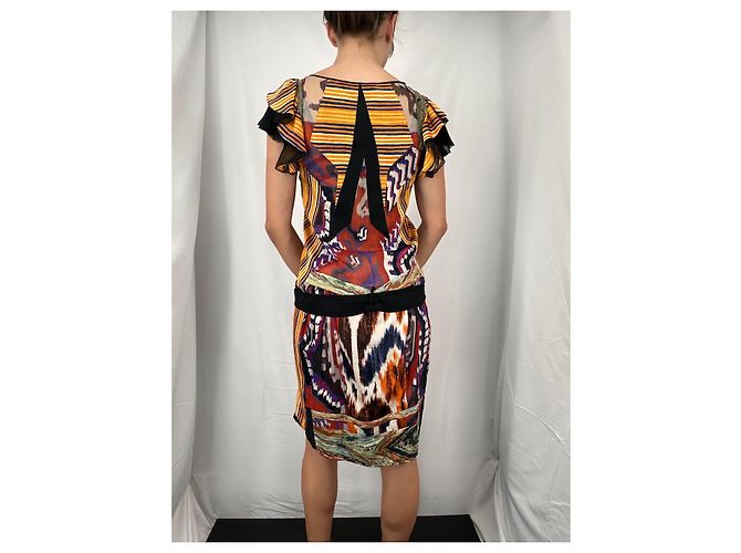 Balenciaga Vestido de seda itak FW2007 de Nicolas Ghesquière Negro Blanco Multicolor Naranja Púrpura Amarillo - vista 6