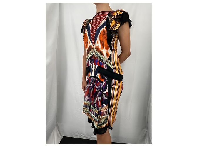 Balenciaga Vestido de seda itak FW2007 de Nicolas Ghesquière Negro Blanco Multicolor Naranja Púrpura Amarillo - vista 7
