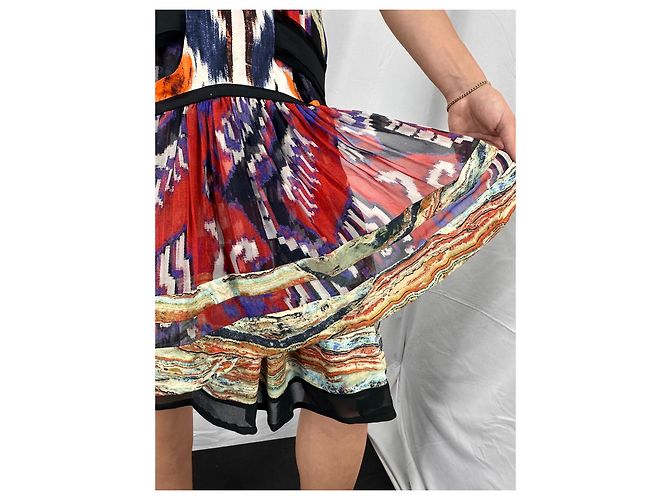Balenciaga Vestido de seda itak FW2007 de Nicolas Ghesquière Negro Blanco Multicolor Naranja Púrpura Amarillo - vista 9