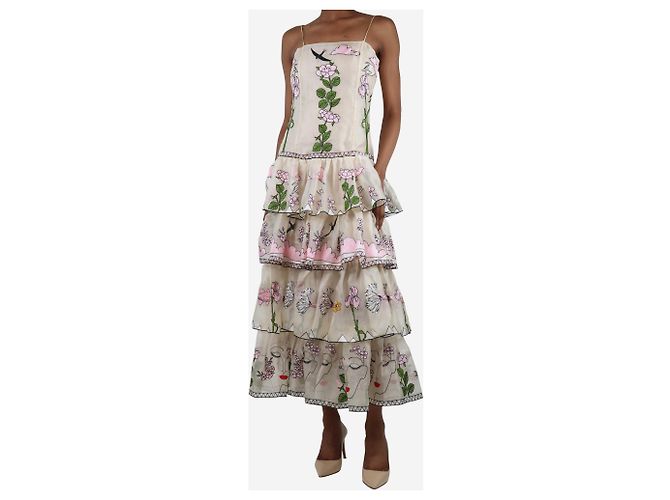Autre Marque Creme floral besticktes Satin-Midikleid - Größe UK 6 Roh - Ansicht 3