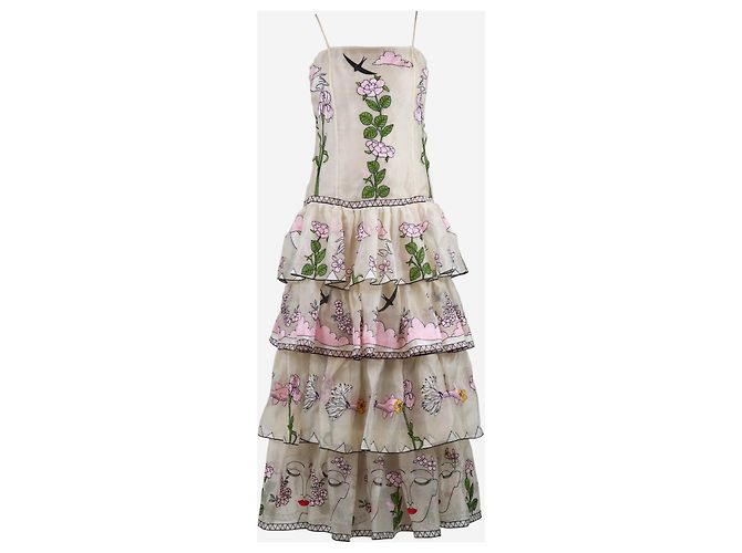 Autre Marque Creme floral besticktes Satin-Midikleid - Größe UK 6 Roh - Ansicht 4