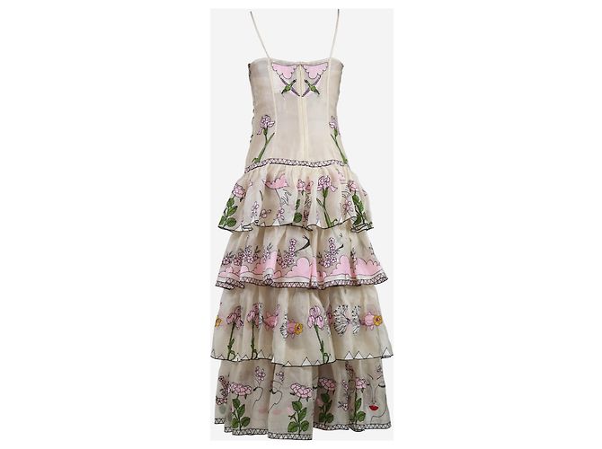 Autre Marque Creme floral besticktes Satin-Midikleid - Größe UK 6 Roh - Ansicht 5