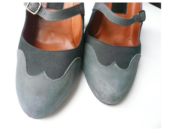 LANVIN Décolleté in vitello scamosciato antracite e blu stile derby T37,5 IT Grigio - vista 5