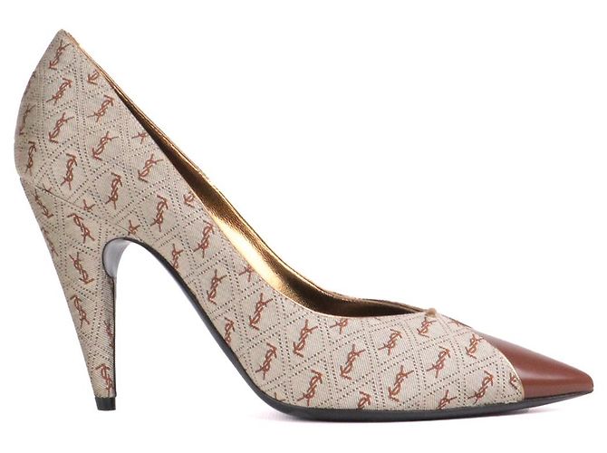 SAINT LAURENT - Saint Laurent Pumps aus braunem, monogrammiertem Canvas (Größe 40) - Ansicht 2