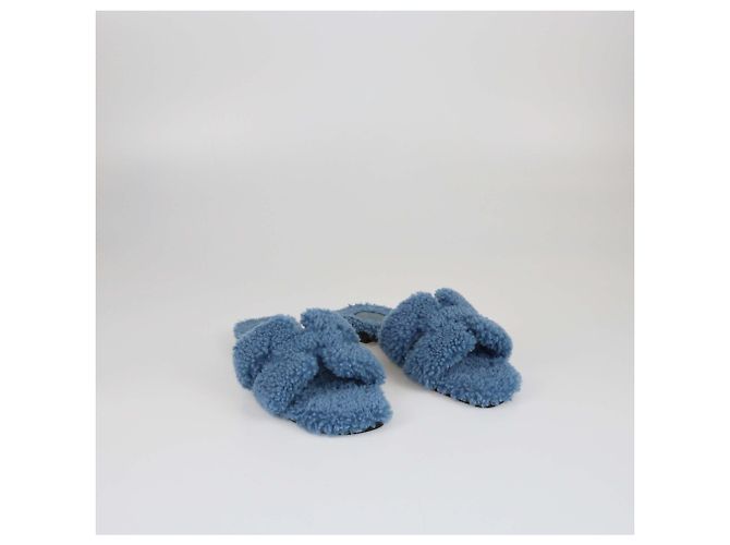 Hermès Pantofole Oran in shearling blu Hermes - vista 3