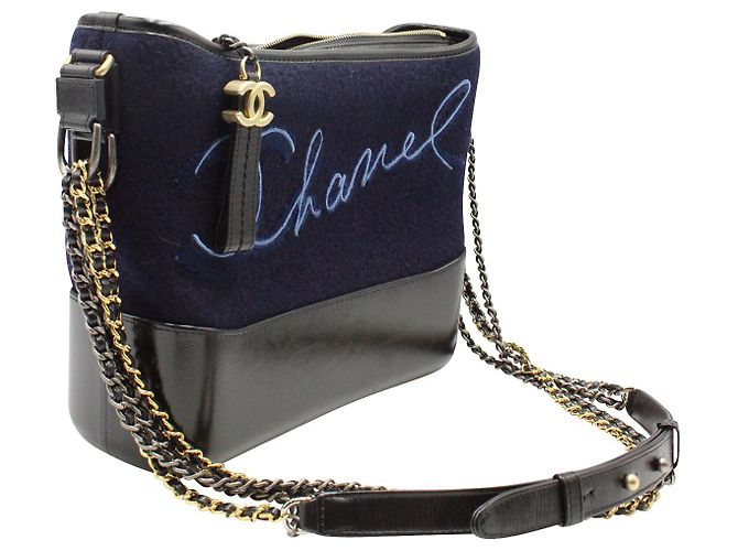 Borsa a tracolla Gabrielle ricamata Chanel Parigi-Hamburgo in lana blu Blu navy - vista 3