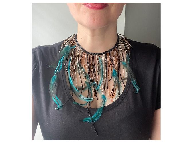 Autre Marque Collana Salviati in perle e piume in vetro di Murano Nero Argento Blu Bronzo - vista 2