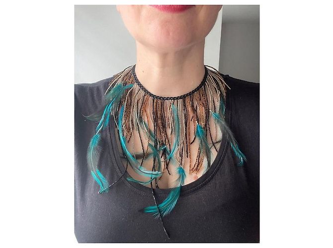 Autre Marque Collana Salviati in perle e piume in vetro di Murano Nero Argento Blu Bronzo - vista 3