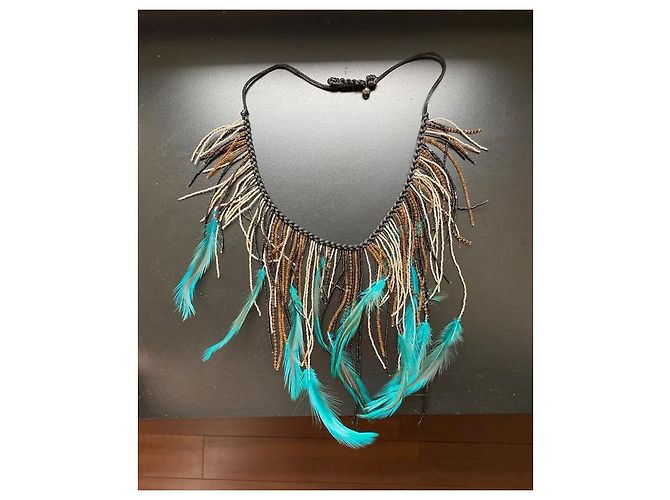 Autre Marque Collana Salviati in perle e piume in vetro di Murano Nero Argento Blu Bronzo - vista 5