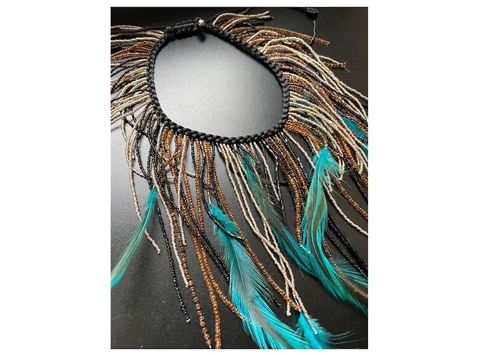 Autre Marque Collana Salviati in perle e piume in vetro di Murano Nero Argento Blu Bronzo - vista 7
